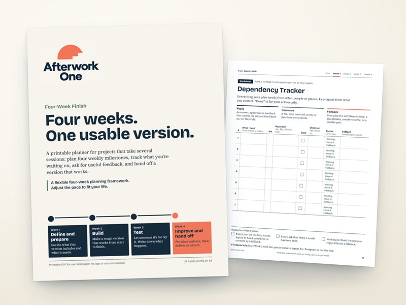 Four-Week Finish by Afterwork One: the cover with the Dependency Tracker worksheet.