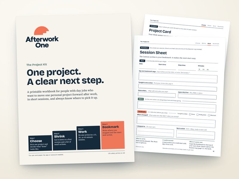 The Project Kit by Afterwork One: the cover with the Project Card and Session Sheet worksheets.
