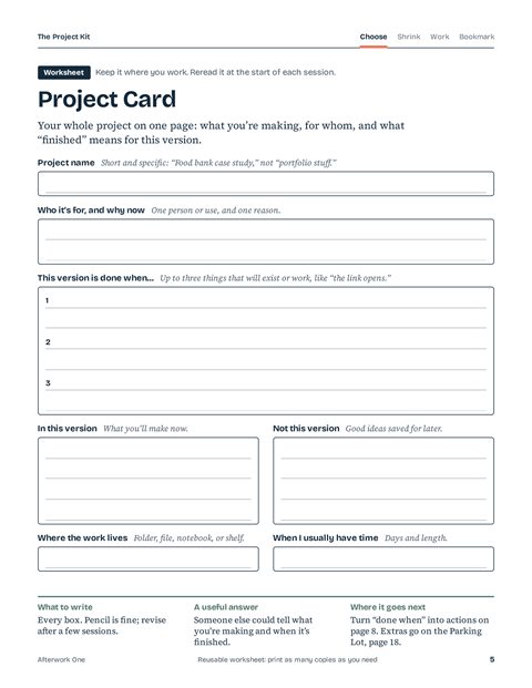 Page 5, Project Card worksheet: project name, who it's for, done when, in this version, not this version, where the work lives.
