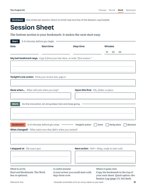 Page 12, Session Sheet worksheet with Start, Work, and Bookmark sections.