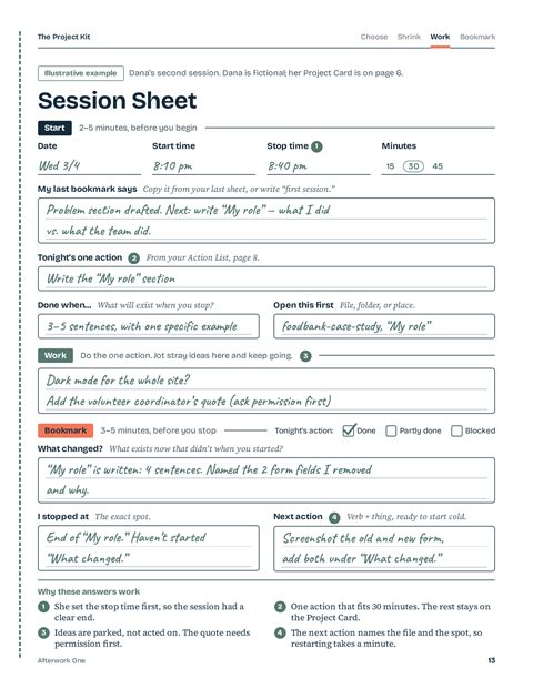 Page 13, Dana's second session on a filled-in Session Sheet, marked as an illustrative example. Dana is fictional.